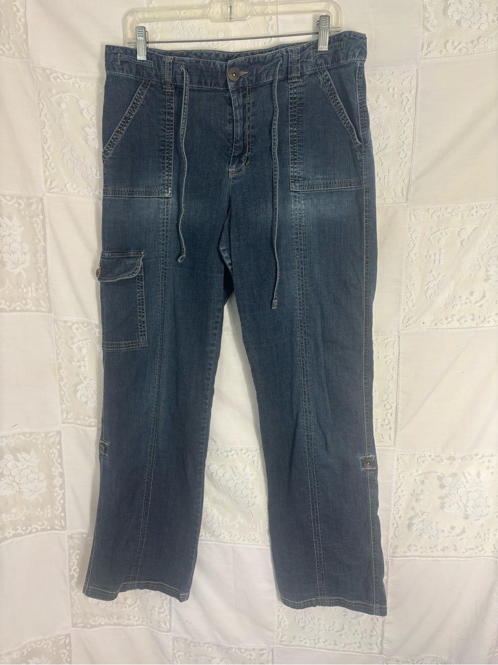 Y2K Stretch Denim Boho Belted Baggy Indie Grunge Gorpcore Cargo Pants Size 12